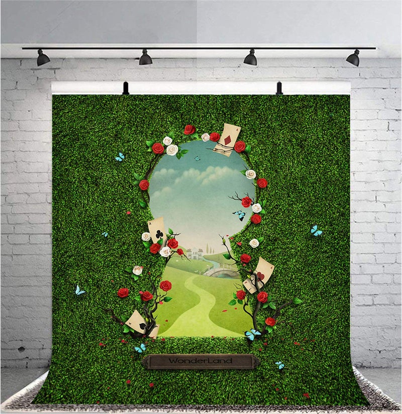 Sensfun 8x8ft Vinyl Wonderland Photo Backdrops for Baby Shower Birthday Newborn Cake Table Banner Fantasy Fairy Tale Green Grass Gate to Wonderland Photography Background Photo Studio Props(SXY1326) - Image 2